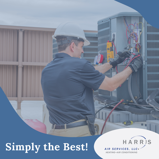 Technician repairing outdoor HVAC unit. Harris Air logo in bottom right corner. "Simply the best!" in bottom left corner.