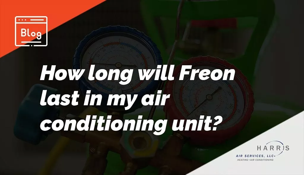 Bold white text "How long will Freon last in my air conditioning unit?" over dark background with Harris Air logo in bottom right corner.