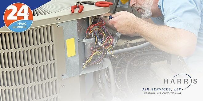Technician repairing outdoor AC unit. Harris Air logo in bottom right corner.