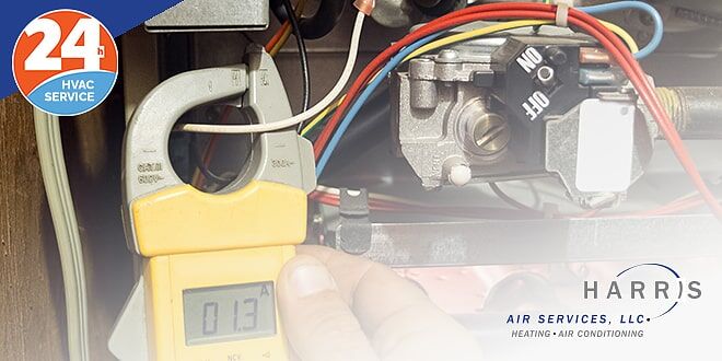 Technician testing wiring, with Harris Air logo in bottom right corner and "24 hr HVAC Service" in top left corner.