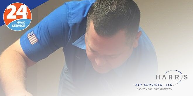 Harris Air Services technician repairing heating system. Harris Air logo in bottom right corner.