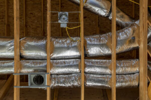 Ductwork in the walls of a newly constructed house.